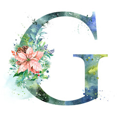 Watercolor Letter, Monogram G. Watercolor Design. Watercolor letter with Poinsettia.