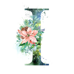 Watercolor Letter, Monogram I. Watercolor Design. Watercolor letter with Poinsettia.
