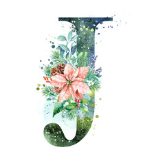 Watercolor Letter, Monogram J. Watercolor Design. Watercolor letter with Poinsettia.