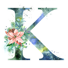 Watercolor Letter, Monogram K. Watercolor Design. Watercolor letter with Poinsettia.