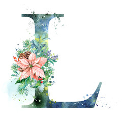 Watercolor Letter, Monogram L. Watercolor Design. Watercolor letter with Poinsettia.