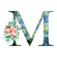 Watercolor Letter, Monogram M. Watercolor Design. Watercolor letter with Poinsettia.