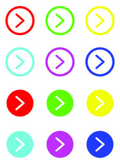 Set of Colorful Right Arrow Vector Icon. Right arrow button icon. Arrow icons graphic design vector sign symbol for your project. Vector icon on white background.