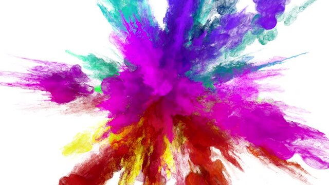 Color Burst - Colorful smoke powder explosion. Coloured fluid ink particles in slow motion. Isolated on white background. Alpha matte 4k.