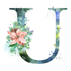 Watercolor Letter, Monogram U. Watercolor Design. Watercolor letter with Poinsettia.