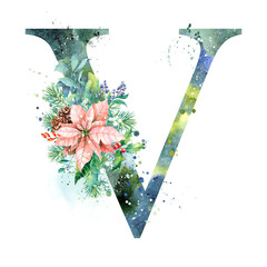 Watercolor Letter, Monogram V. Watercolor Design. Watercolor letter with Poinsettia.