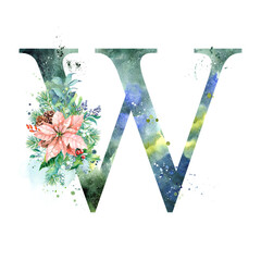 Watercolor Letter, Monogram W. Watercolor Design. Watercolor letter with Poinsettia.