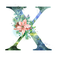 Watercolor Letter, Monogram X. Watercolor Design. Watercolor letter with Poinsettia.