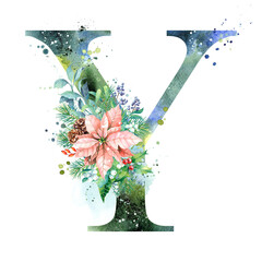 Watercolor Letter, Monogram Y. Watercolor Design. Watercolor letter with Poinsettia.