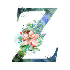Watercolor Letter, Monogram Z. Watercolor Design. Watercolor letter with Poinsettia.