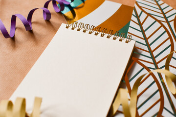 new year resolutions, open blank page notebook, white background, copy space