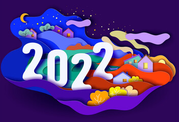 Happy 2022 new year greeting card illustration. 2022 papercut number