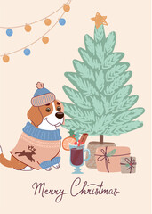 Cute dog beagle in a knitted sweater on christmas card. Vector greeting card in flat style with lettering Merry Christmas