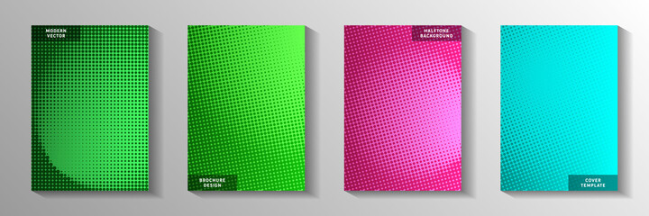 Futuristic circle perforated halftone cover page templates vector series. School journal faded
