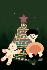 New Year and Christmas. A boy, a Christmas tree with lights and a star and a gingerbread man