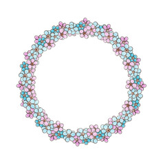 Watercolor frame wreath of small buds of blue and pink flowers. Garland made of natural eco decor. Summer bouquet of blooming daisies. Hand drawn element isolated on white background.