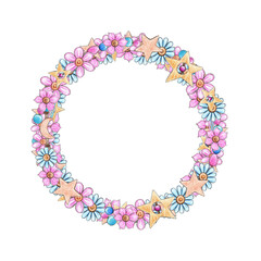 Watercolor frame wreath of buds of blue and pink flowers with wooden stars. Garland made of natural magic decor. Summer bouquet of blooming daisies. Hand drawn element isolated on white background.