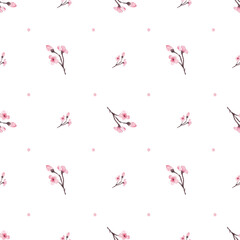 Seamless pattern from a hand-drawn watercolor pink flowers on a white background. Use for menus, invitations