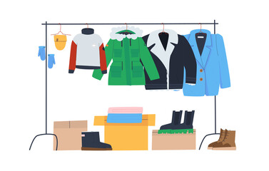 Rack with winter clothes on hangers. Boxes and winter shoes. Clothing store or donation. Flat vector illustration © eto100ya