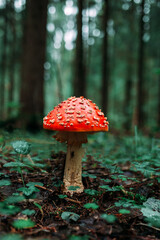 Amanita. Poisonous mushroom. Inedible mushroom. Amanita spots. Amanita in the forest.