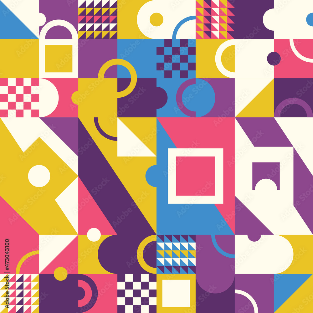 Poster Tiled style abstract geometric figure. Simple multi-colored shapes create a composition that can be seamless. Vector decor art illustration.