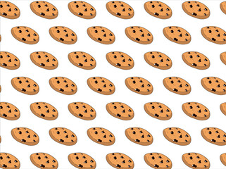 Sweet seamless pattern with chocolate chip cookies on white background. Pastry backdrop. Vector illustration.