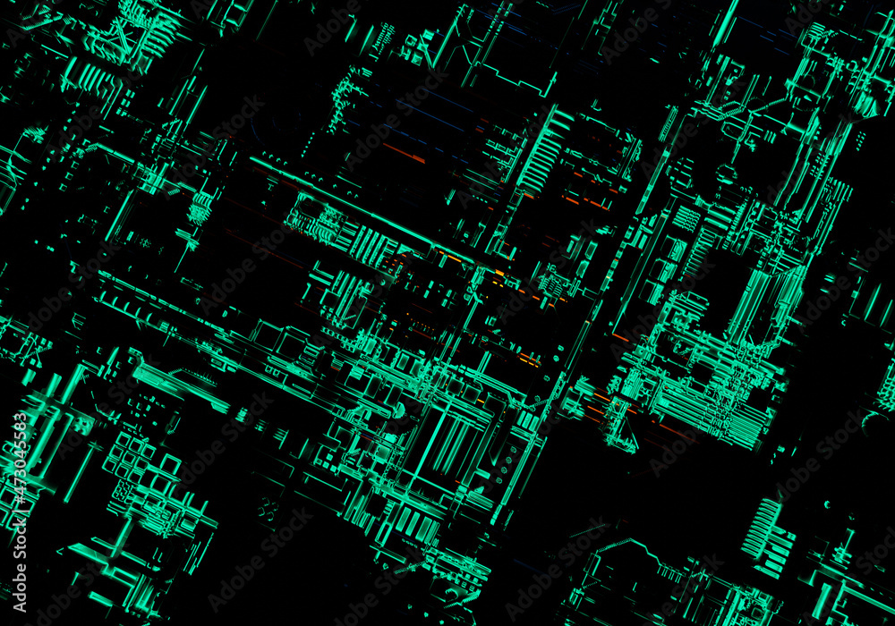 Poster pcb background. black-green digital circuit board. neon lines in style of microelectronics. backgrou