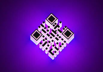 QR technology identification concept. Identification using QR tag. Modern barcode on purple background. Three-dimensional QR code. Glowing matrek barcode. Quick Response code. 3d rendering.