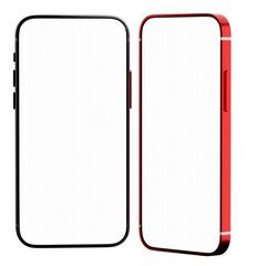Phone mock up. Smartphone with blank white screen. Two phones in different positions. Mobile cellphone isolated. Place for your recommendation. Copy space for app or website in phone. 3d image.