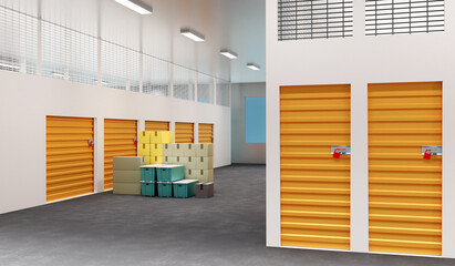 Rental Storage Units. Warehouse containers in corridors of company. Storage Units with orange doors. Rent place to store personal belongings. Storage company interior. 3d rendering.
