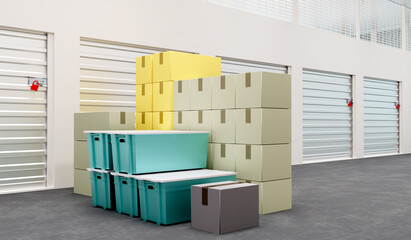 Storage Units white gate. Self storage for temporary rent. Boxes at entrance to storage room. Warehouse space rental. Warehouse company premises. Room for safekeeping personal belongings. 3d image.