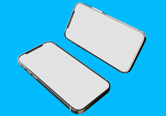 Application recommendation. Mobile phone design. Mobile phones in different positions. Two smartphones on blue background. Mock up phone set. Cellphone for advertising. Layout gadget. 3d image.