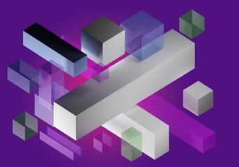 Geometric background. Abstract geometric shapes. Cubes on purple background. Bulk paralelepipids. 3d texture background. Purple patern. Three-dimensional simple pattern. 3d rendering.