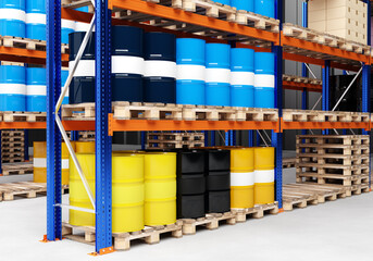 warehouse business. Warehouse for chemical products. Metal barrels of different colors. Production...