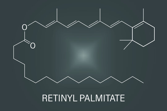 Retinyl palmitate vitamin supplement molecule. Ester of vitamin A, retinol, and palmitic acid. Skeletal formula.