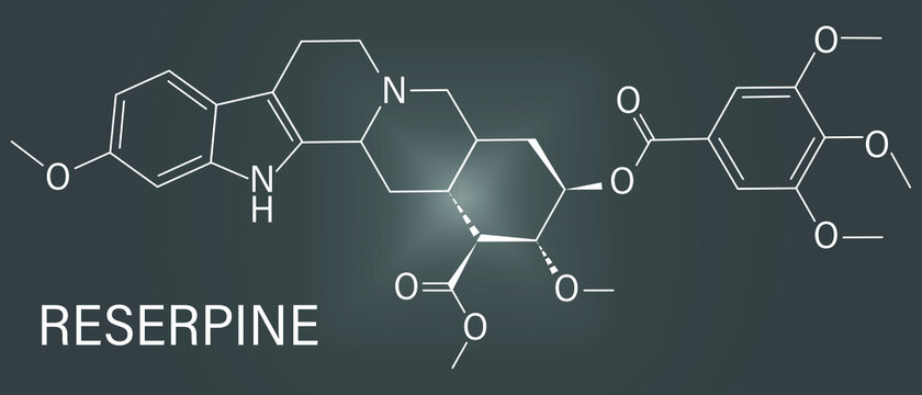 Reserpine alkaloid molecule. Isolated from Rauwolfia serpentina, Indian snakeroot. Skeletal formula.