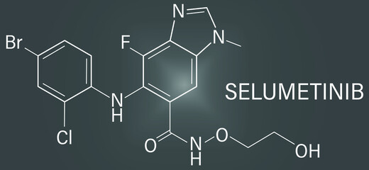 Selumetinib cancer drug molecule. MEK1 and MEK2 inhibitor. Skeletal formula.