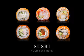 Large Set of Japanese sushi roll different pieces isolated on black background. Advertising menu...