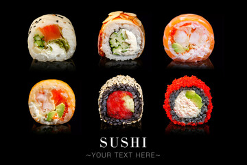 Large Set of Japanese sushi roll different pieces isolated on black background. Advertising menu banner with text space. Seafood variety 
