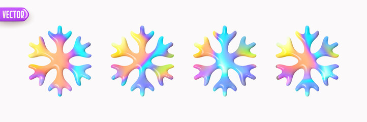 Christmas snowflake bright multicolored hologram gradient color. Holographic 3d decorative snowflake. The set is isolated on white background. New Year's elements. Vector illustration