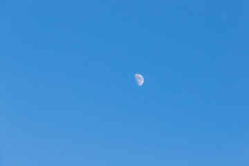 Round moon before full moon in the blue evening sky without clouds.