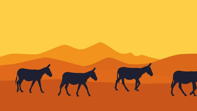 Desert landscape with mountains and walking man with donkeys (animation, seamless loop)