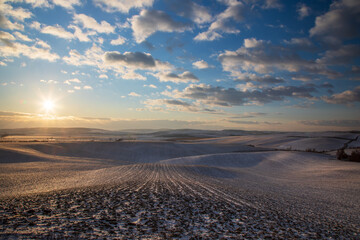 Winter landscape in South Moravia in the Czech Republic in Europe. Vineyards after winter in Palava.