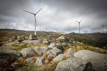 wind turbines farm (Renewable Energy) on a mountain landscape at Casais (Tendais), municipality of Cinfaes, Viseu, Portugal - obrazy, fototapety, plakaty