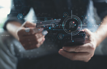 Digital banking, Internet payment, online marketing, personal financial data protection concept. Man scanning fingerprint via mobile banking app