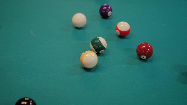 Hitting colorful pool balls on teal billiard table - slow motion, close up. Sport, game, competition, hobby and leisure time concept