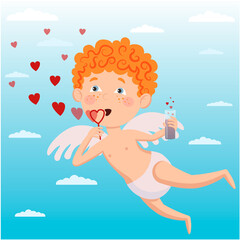 Vector character in a flat style. Cupid soars in the sky and blows heart-shaped soap bubbles.
Suitable for lovers greetings, cards, holiday designs.