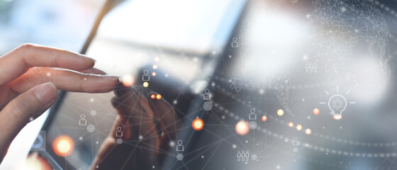 Remotely work, social network connection, global business, telecommuting, telecommunication concept. Business woman online working with colleagues