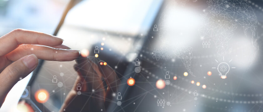 Remotely work, social network connection, global business, telecommuting, telecommunication concept. Business woman online working with colleagues