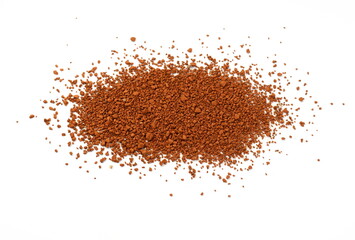 Pile of Red dirt (soil) on white. Heap of Red dry clay isolated on white background. Ochre, also spelled ocher, a natural yellow earth pigment.